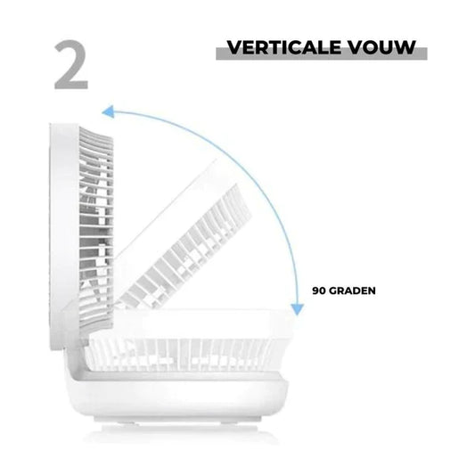 Weißer, vertikaler Faltventilator, 90 Grad, kompakt, platzsparend, modernes Design.