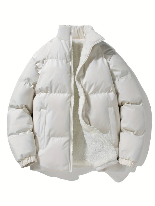 Weiße Daunenjacke mit Reißverschluss, warmes Futter, Wintermode, Unisex, stilvoll und bequem.