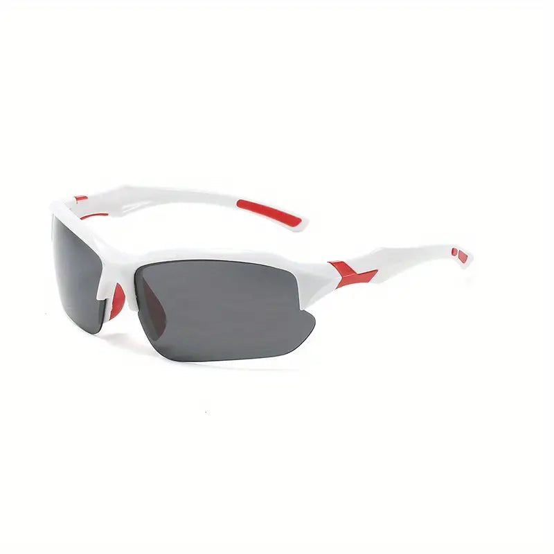 Weiße Sportsonnenbrille mit roten Akzenten, polarisierten Gläsern, UV-Schutz, Unisex-Design.
