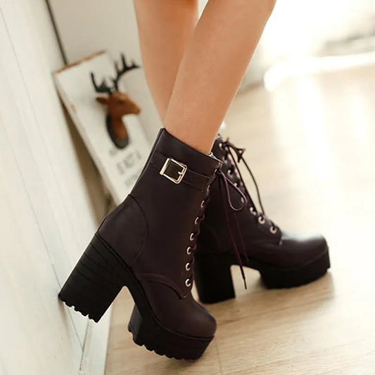 Damen Stiefeletten, schwarz, Schnürung, Blockabsatz, modisch, Herbst-Winter Schuhe.