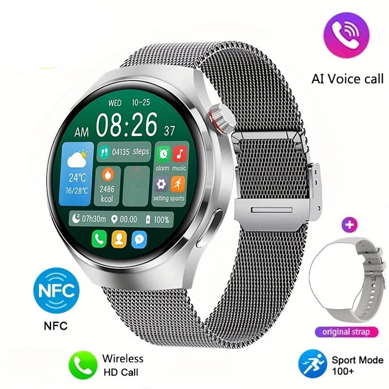 Silberne Smartwatch mit rundem Display, NFC, AI-Sprachsteuerung, Sportmodus, kabellosem Anruf.