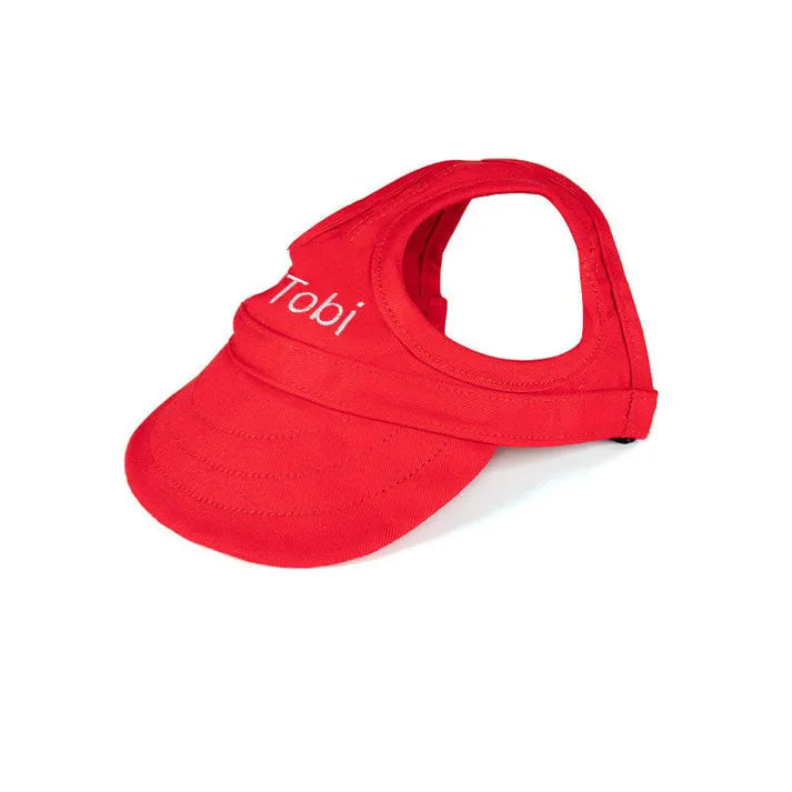 Rote Hundemütze mit Namen "Tobi", verstellbar, Sonnenschutz, Baumwolle, Haustierzubehör.