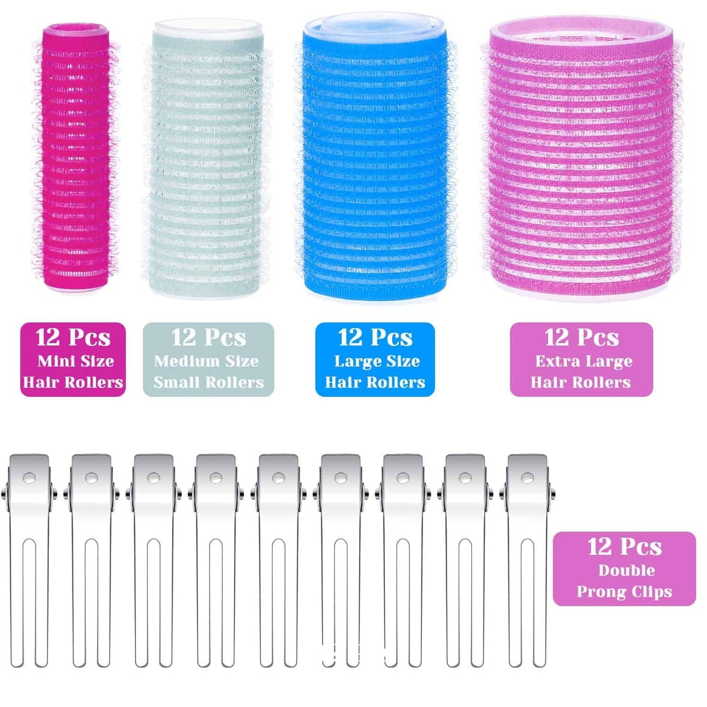 12 Stück Haarwickler Set, Mini bis Extra Groß, mit 12 Doppel-Prong-Clips, bunt, für Lockenstyling