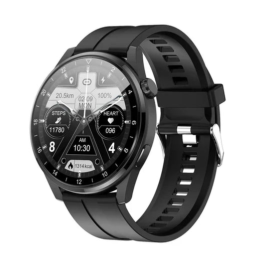 Schwarze Smartwatch mit rundem Zifferblatt, Fitness-Tracker, Herzfrequenzmesser, Silikonarmband.