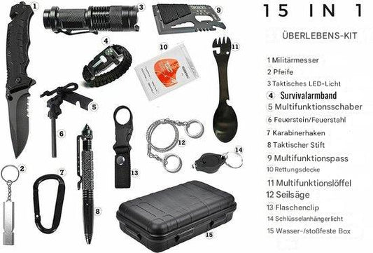 15-in-1 Überlebens-Kit mit Messer, LED-Licht, Survivalarmband, Pfeife, in schwarzer Box.