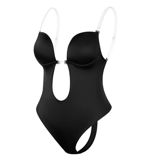 Schwarzer Damen-Bodysuit mit transparenten Trägern, elegantes Design, figurbetont.