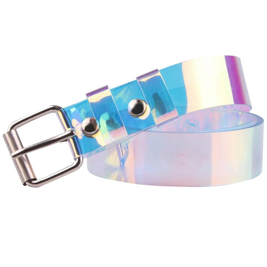 Irideszierender transparenter Gürtel mit Metallschnalle, modisches Accessoire für Damen und Herren.