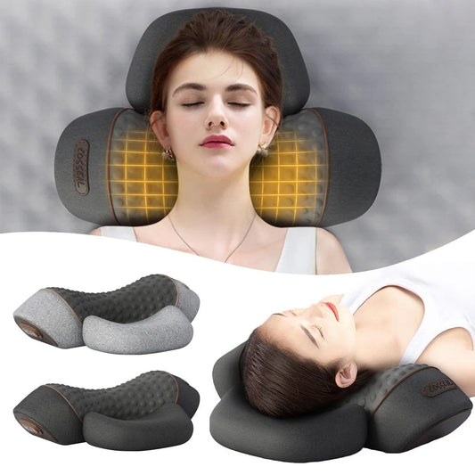 Frau mit Nackenmassagekissen, ergonomisch, schwarz, beheizt, für Entspannung und Komfort.