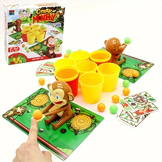 Brettspiel "Cheeky Monkey" mit Affenfiguren, gelben Bechern und bunten Bällen, Familienspiel.