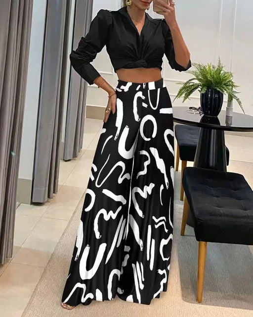 Damenhose mit weitem Bein, schwarz-weißes Muster, Frühling Sommer Mode 2024, lässig elegant