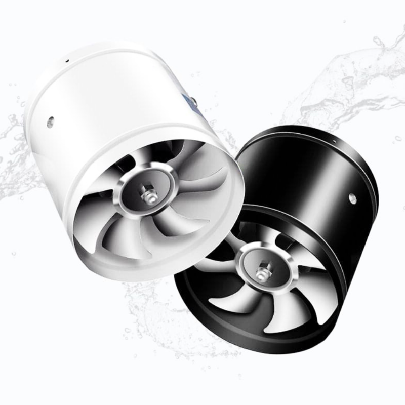 Schwarzer und weißer Inline-Lüfter, leise, energieeffizient, für Belüftungssysteme.