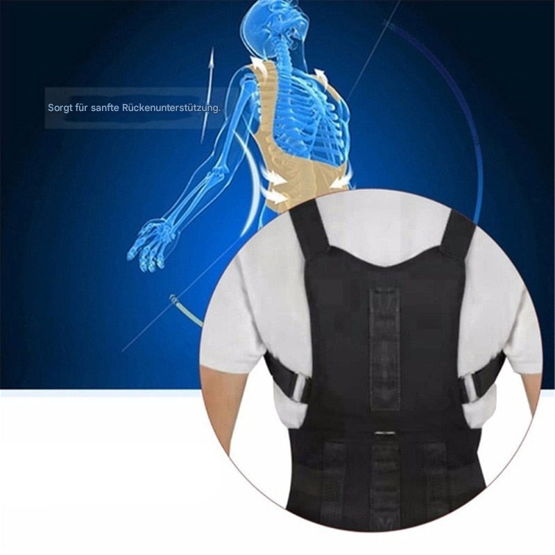 Schwarze Rückenstütze für Haltungskorrektur, ergonomisch, verstellbar, Unisex.