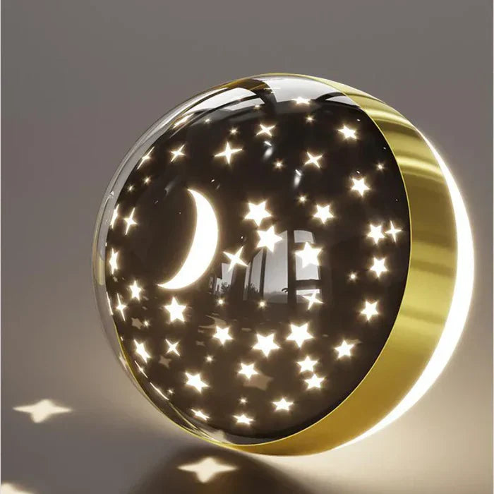 Mond- und Sternenlampe, goldener Rand, LED-Nachtlicht, dekorative Beleuchtung, modern.