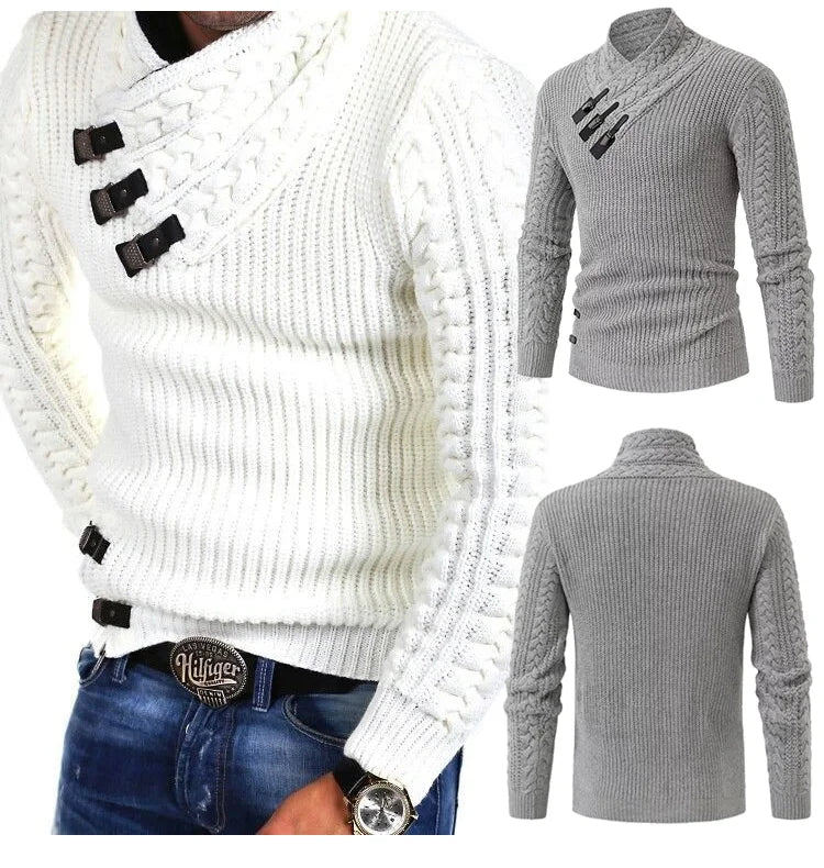Herren Strickpullover, weiß und grau, mit Schnallen, Zopfmuster, modisch, warm, Wintermode.