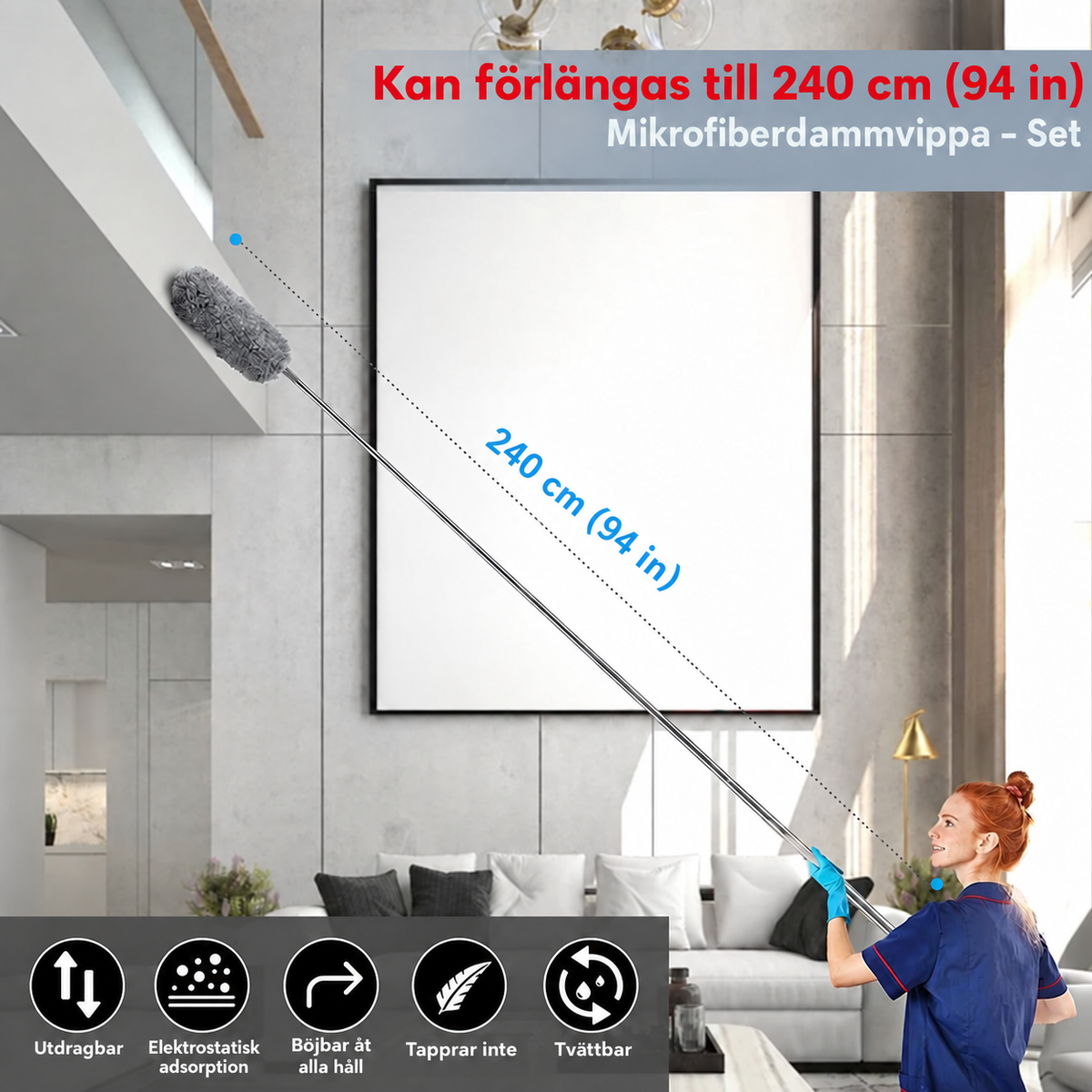Teleskopisk mikrofiberdammborste | Extra lång räckvidd | Flexibelt huvud | Tvättbar