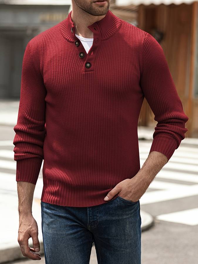 Roter Herrenpullover mit Knopfleiste, Strick, langärmelig, modisch, Freizeitkleidung.