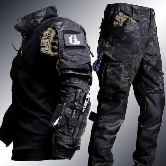 Taktische Tarnhose und Jacke, schwarz, mit Taschen, Outdoor-Bekleidung, Herren, robust.