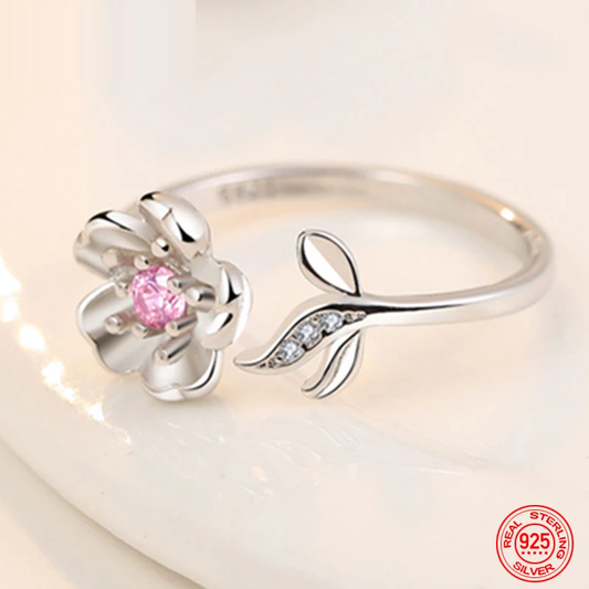 Silberring mit Blumenmotiv, rosa Kristall, 925 Sterling Silber, Damen Schmuck, Geschenkidee.