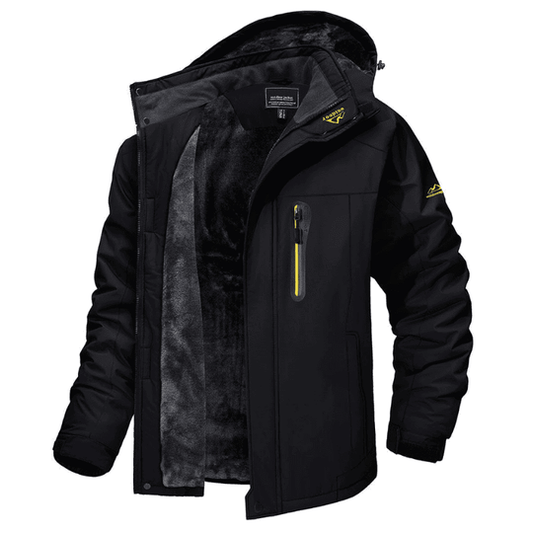 Schwarze Herren-Winterjacke, wasserdicht, mit Kapuze und Reißverschlusstasche, warm gefüttert.