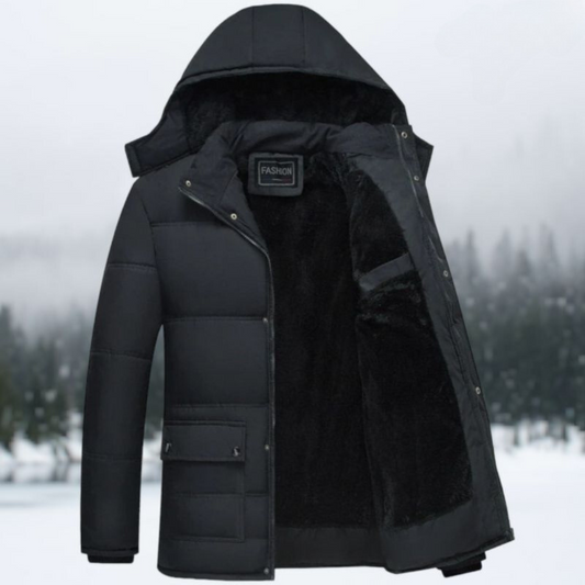 Schwarze Winterjacke mit Kapuze, gefüttert, warm, Herrenmode, Outdoor-Bekleidung.