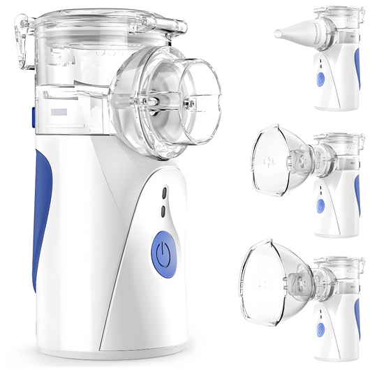 Tragbarer weißer Inhalator mit blauem Knopf, Zubehörteile, Atemtherapiegerät.