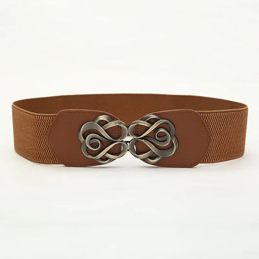 Brauner elastischer Gürtel mit dekorativer Metallschnalle, Damenmode Accessoire.