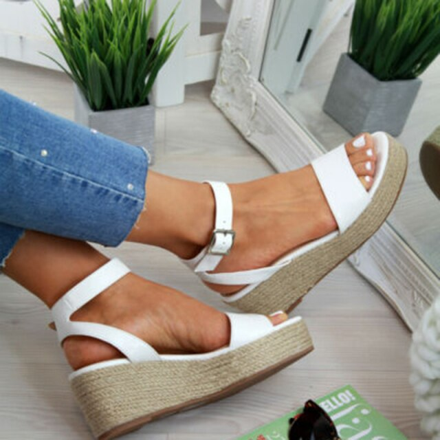 Weiße Damen-Plateausandalen, Peep-Toe, Espadrille-Stil, Sommermode, Freizeitlook.