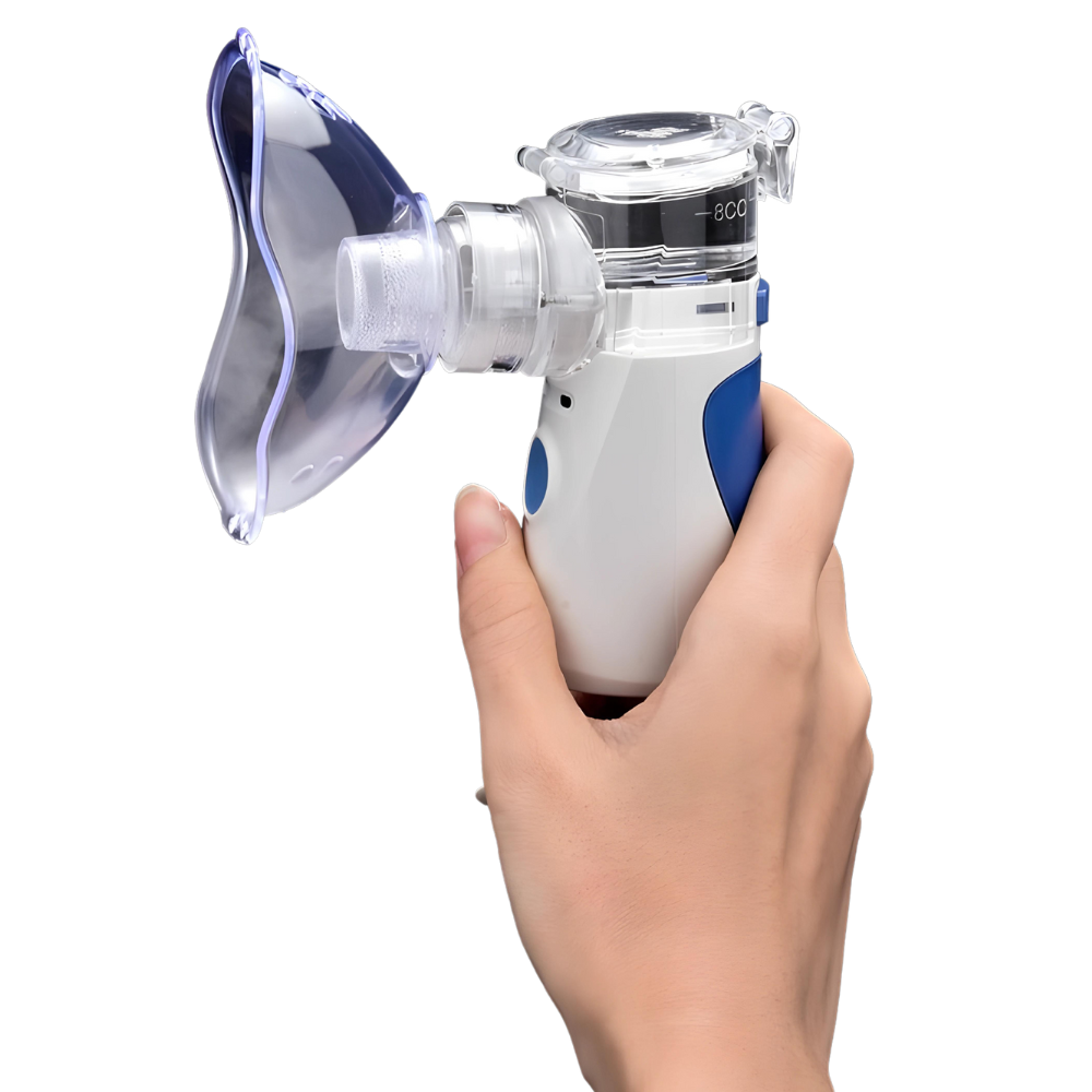 Tragbarer Inhalator mit Maske, weiß-blau, Handgerät, Atemtherapiegerät für Asthma.