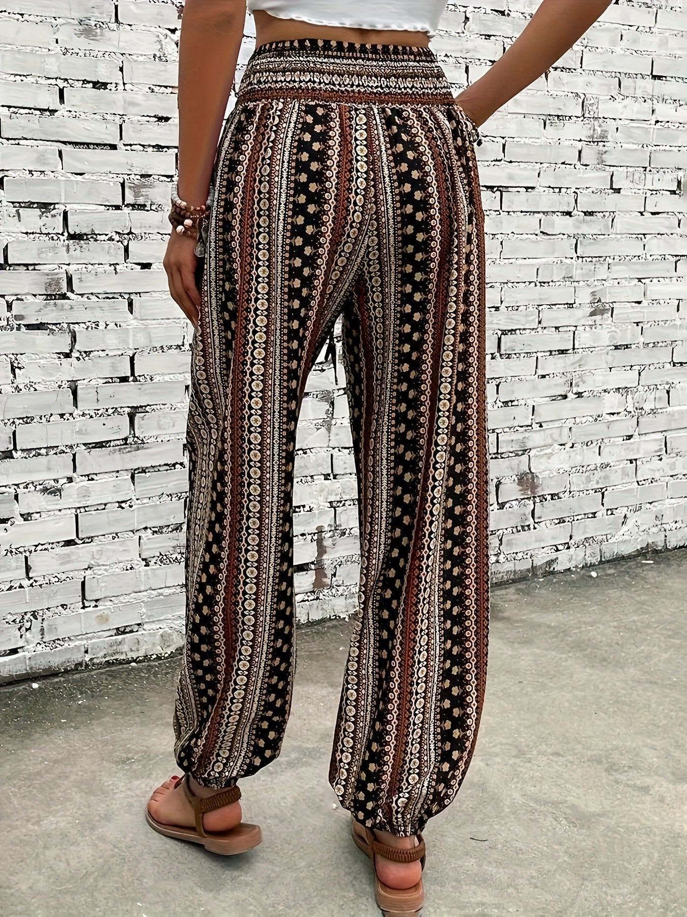 Boho Högmidjade Dambyxor med tryck och smockad midja – Linara