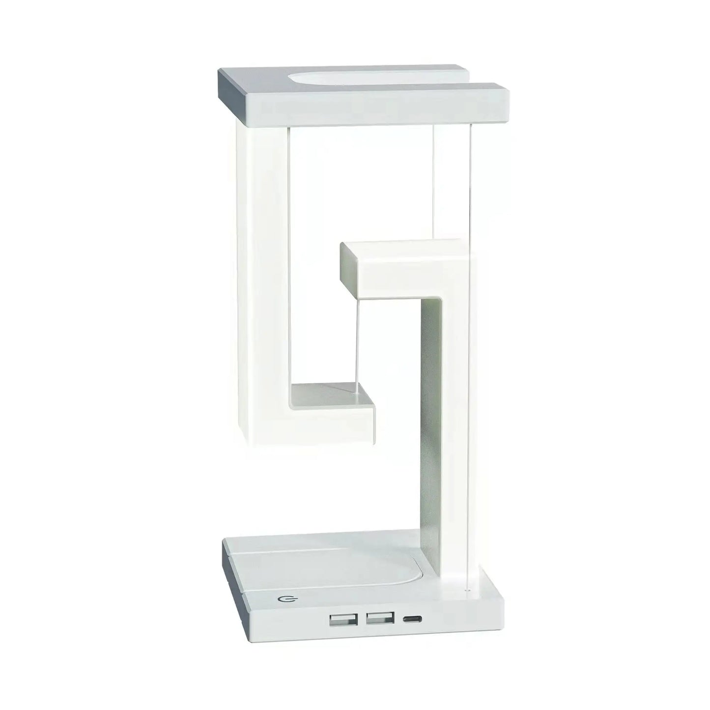 Moderne weiße LED-Tischlampe mit USB-Anschlüssen, minimalistisches Design, energiesparend.