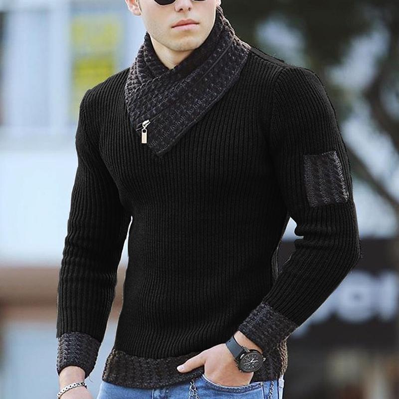 Mann in schwarzem Strickpullover mit Reißverschlusskragen, modisch, lässig, Herbstmode.