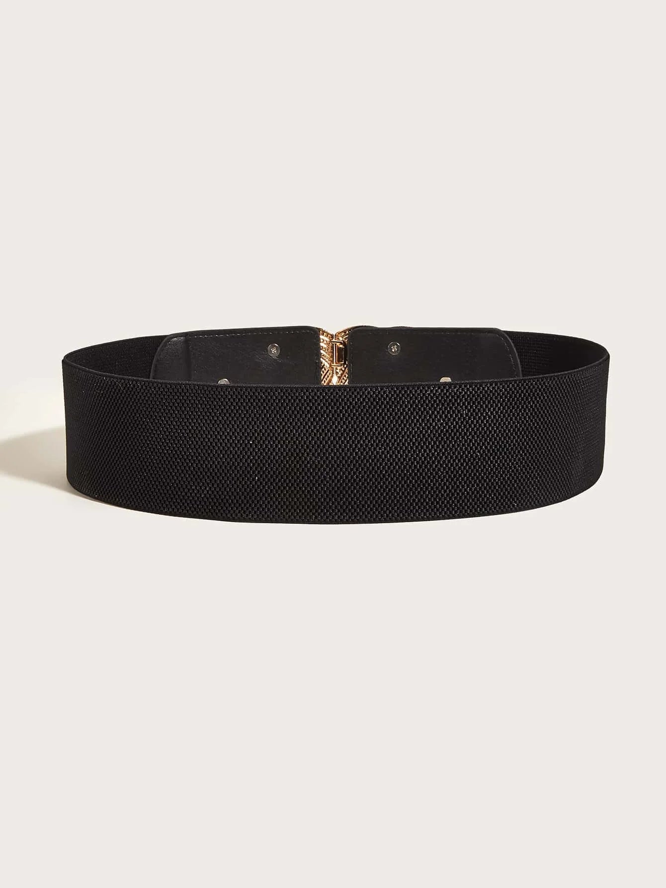 Schwarzer elastischer Gürtel mit goldener Schnalle, Damenmode Accessoire, elegant und vielseitig.