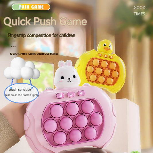 Rosa und gelbe Push-Pop-Spielkonsole für Kinder, Kaninchen- und Entenmotiv, sensorisch.