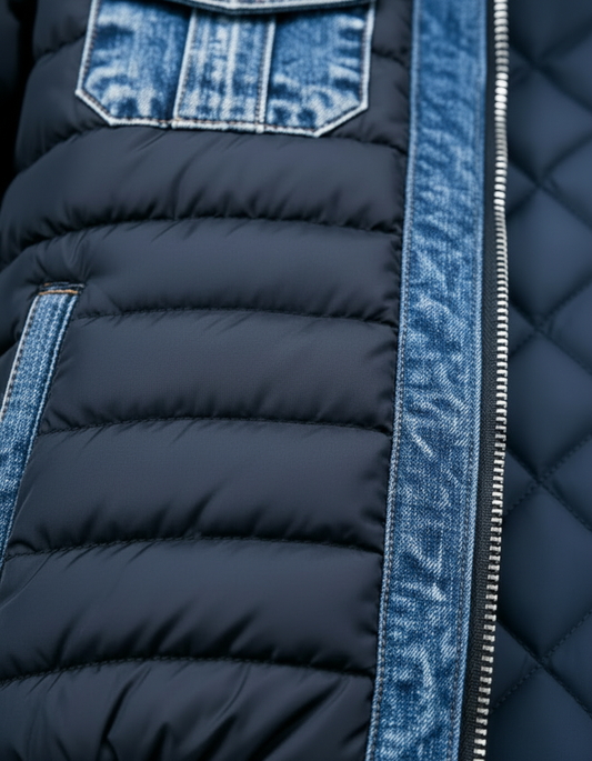 Närbild på det quiltade mörkblå tyget med jeanskant längs dragkedjan, jeansficka överst och rutstickat foder längst till höger. 2