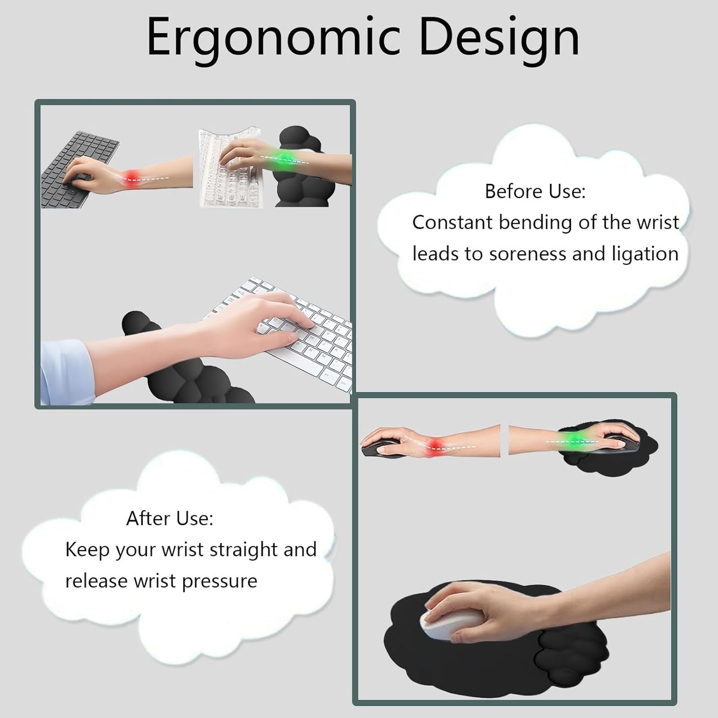 Molnformat ergonomiskt handledsstöd med musmatta och underlägg – Zeyora