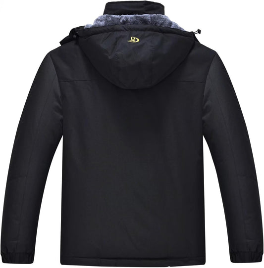 Schwarze Winterjacke mit Kapuze, Herren, wasserabweisend, warm gefüttert, Outdoor-Bekleidung.