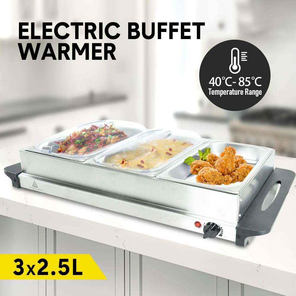 Elektrisk buffématvärmare med 3 × 2,5 l-behållare och temperaturinställning – Valtero
