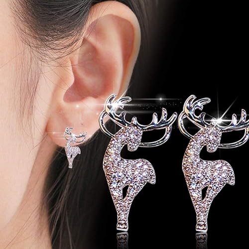 Silberne Hirsch-Ohrringe mit Strasssteinen, funkelnd, modisch, Damen-Schmuck.