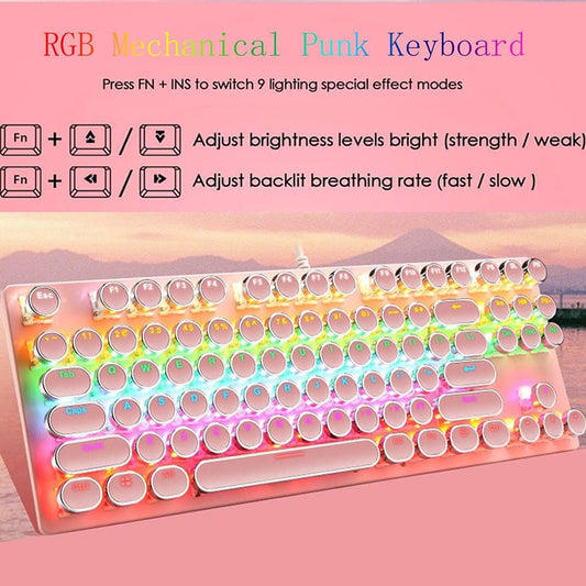 87-tangenter mekaniskt gamingtangentbord, RGB-bakgrundsbelyst, blå switchar
