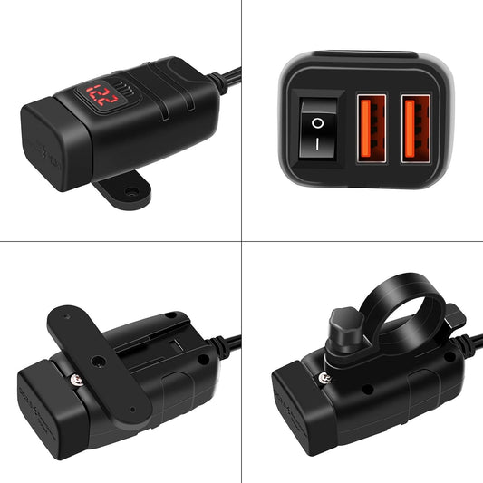 USB- och Typ-C-snabbladdare för motorcykel med voltmeter – Drayvik