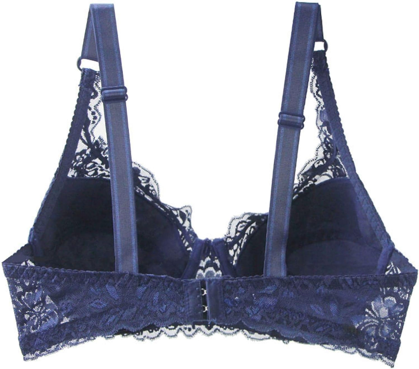 Dunkelblauer Spitzen-BH, verstellbare Träger, Rückansicht, elegante Damenunterwäsche.