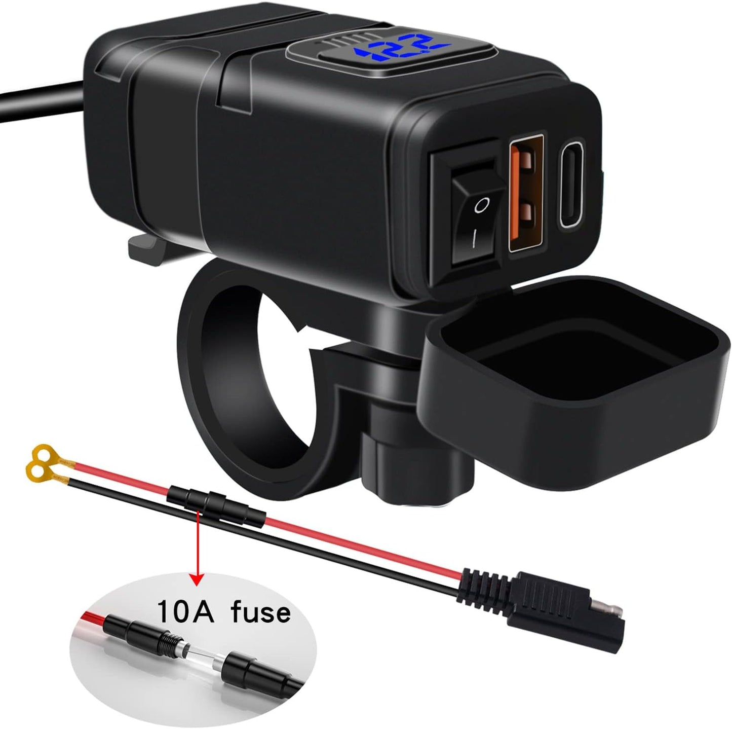 USB- och Typ-C-snabbladdare för motorcykel med voltmeter – Drayvik