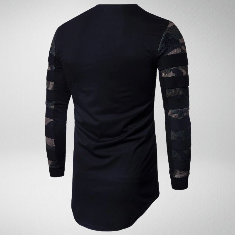 Schwarzes Langarmshirt mit Camouflage-Ärmeln, Herrenmode, Baumwolle, lässiger Stil.