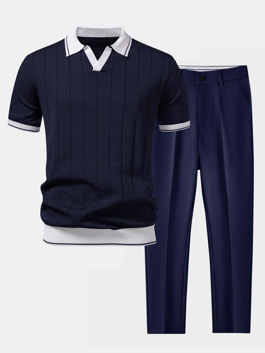 Men's Ribbed Polo & Tapered Pants Smart Casual Set 2