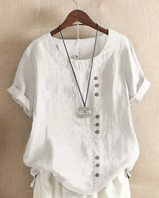Damen Leinenbluse weiß, Knopfleiste, lässig, Sommermode, Kurzarm, Rundhals, elegant.