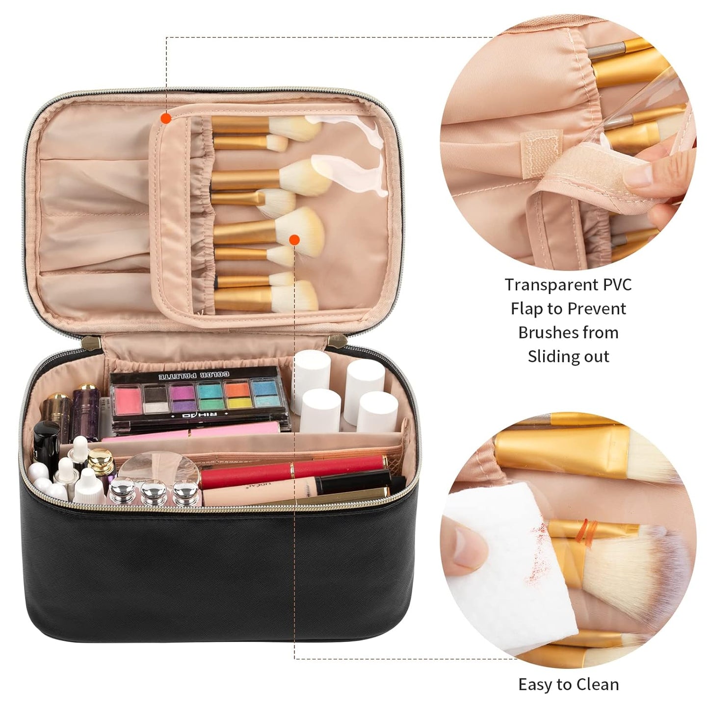 Schwarze Kosmetiktasche mit Pinseln, Make-up-Organizer, transparentes PVC-Fach, leicht zu reinigen.