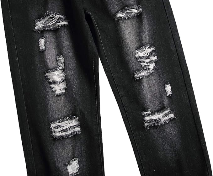 Schwarze zerrissene Jeans, modisch, Denim, Vintage-Look, Herrenbekleidung, Streetwear.