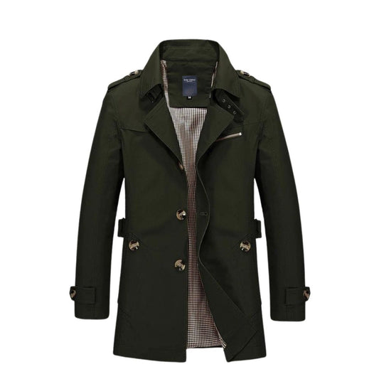 Dunkelgrüner Herren-Trenchcoat, zweireihig, Baumwolle, klassischer Stil, Herbstmode.