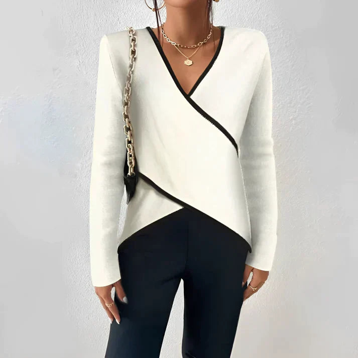 Weiße Damenbluse mit V-Ausschnitt, schwarzem Rand, elegantes Design, modische Damenbekleidung.
