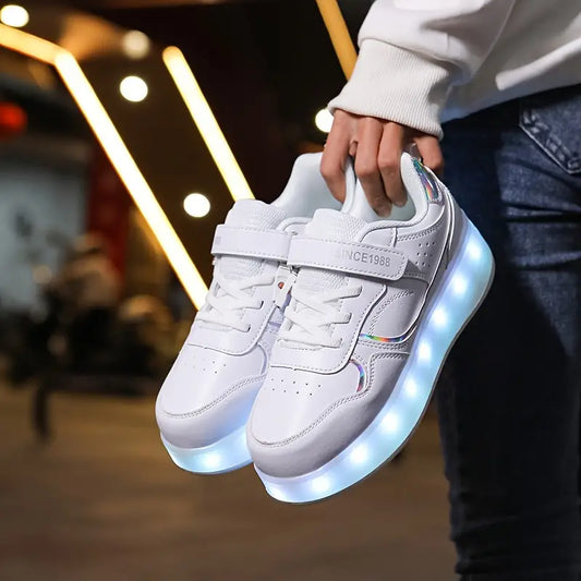 Weiße LED-Sneaker mit Klettverschluss, leuchtende Sohle, modische Straßenschuhe.